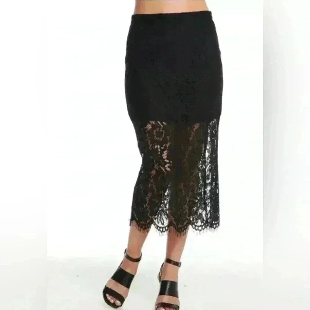 NWT Chaser Black Lace Slip Midi Skirt with Slit Size Medium ~ 🔥